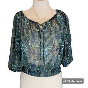 Heart Soul Blouse, Women M, Green Abstract Geometric Print, Blouson, Sheer, EUC